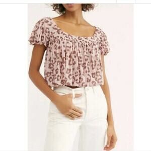Free People Meg’s Leopard Print Cropped Mesh Bubble Hem Top Size XS
